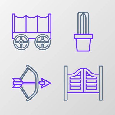 Salon kapısını ok ve yay ile okun ok şeklinde titrek kaktüs peyote tenceresi ve Vahşi Batı araba ikonu olarak ayarla. Vektör.