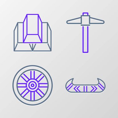 Kano ya da kano ayarlayın ve eski ahşap tekerlek kazması ve altın külçeleri simgesini çekin. Vektör.