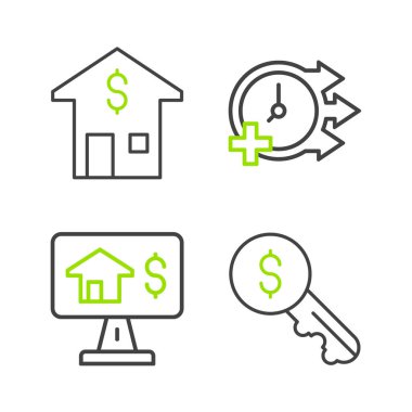 Rent Key Online Emlak Saati ve House 'u dolar ikonuyla ayarla. Vektör.