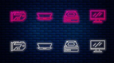 Satır dizüstünü, optik disk sürücüsünü, görüntü kartını ve bilgisayar monitörünü ayarla. Tuğla duvarda parlayan neon simgesi. Vektör.