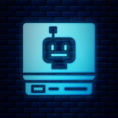 Parlayan neon robot simgesi tuğla duvar arka planında izole edildi. Yapay zeka, makine öğrenme, bulut hesaplama. Vektör.