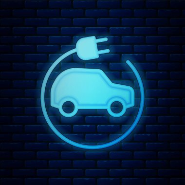 Parlak neon elektrikli araba ve elektrik kablosu şarj ikonu tuğla duvar arka planında izole edilmiş. Yenilenebilir ekolojik teknolojiler. Vektör.