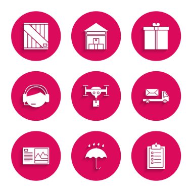 Umbrella paketi ve yağmur damlaları iletim listesi doğrulamasını posta arabası posta kartı destek operatörü hediye kutusu ve tahta simgesine dokunun. Vektör.