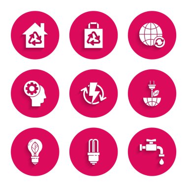 Yeniden şarj edilen LED Ampul Su Musluğu Elektrik Fiş Fişi Işığı 'nı Dünya Gezegeni' nde insan başlığı ve geri dönüşüm ve Eko Evi simgesi ikonu ile ayarla. Vektör.