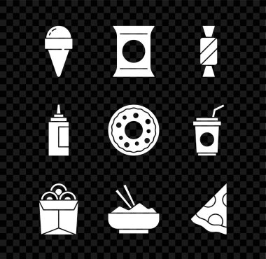 Dondurmayı waffle külahına ya da patates cipsine ya da bonfile bonfile bonfile pilav kasesine koyun. Yanında da dilimlenmiş pizza sosu ve çörek ikonu olsun. Vektör.