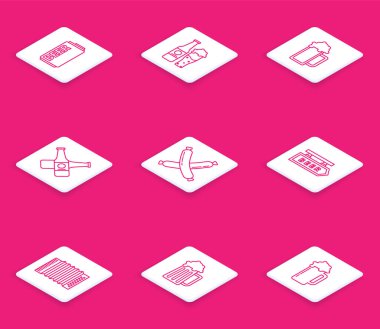 Bira kutusu şişesi ve cam bardak üzerinde müzik enstrümanı akordeonu ve tahta bardak ikonu olan çapraz sosis sokak tabelası. Vektör.