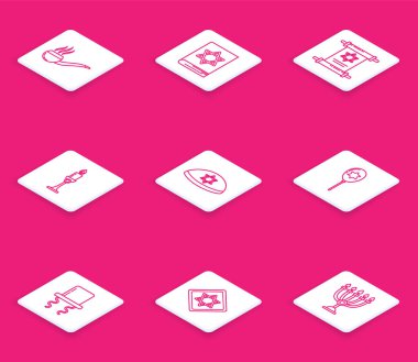 Tütsü tüten Yahudi torah kitabı Tevrat parşömen tomarı yanan mum kippah yıldız David Balon Ortodoks Ortodoks Yahudi şapka kenarı ve Star David ikonu. Vektör.