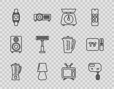Satır Blender Elektrikli Karıştırıcı Masa Lambası Akıllı saat kalp atış hızı ısıtıcı Televizyon ve TV kutu alıcısı ve uzaktan kumanda simgesine sahip oyuncu gösteriyor. Vektör.
