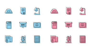 Çizgi Sertifikası şablonu, cam tüp tüpünü, derece olarak hesap makinesi karton kitap ve simgesini ölçmek için ateşleme kılavuzu ızgarasına ayarlayın. Vektör.