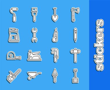 Pamuk Kürekli Balyoz Kalemi 'ni silgi anahtarlı, çimento anahtarlı, boya çantalı, yuvarlak fırça ve kırtasiye bıçağı ikonuyla ayarla. Vektör.