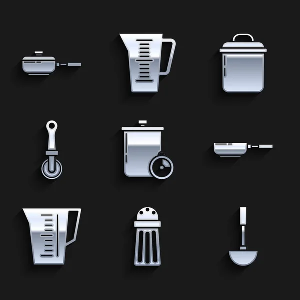 Set Casserole Minuterie Cuisine Sel Cuisine Louche Poêle Frire Tasse — Image vectorielle