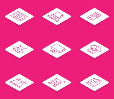 Posta damgası dizüstü bilgisayar UFO 'su uçan uzay gemisi monitörü, satranç tişörtü ve Viking boynuzlu kask simgesi ayarla. Vektör.