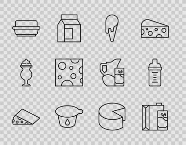 Kremalı dondurma ve kremalı yoğurt kabı tereyağı tabağı ve bebek şişesi ikonu için Cheese Paper paketini hazırla. Vektör.