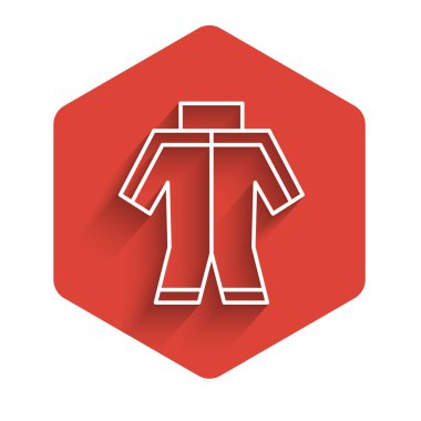 Tüplü dalış ikonu için uzun gölgeli beyaz çizgi dalış kıyafeti. Su altı ekipmanları. Kırmızı altıgen düğmesi. Vektör.