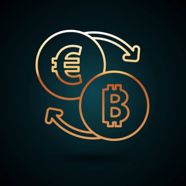 Altın çizgi kripto döviz simgesi koyu mavi arka planda izole edildi. Bitcoin 'den Euro takas simgesine. Kripto para teknolojisi, mobil bankacılık. Vektör.