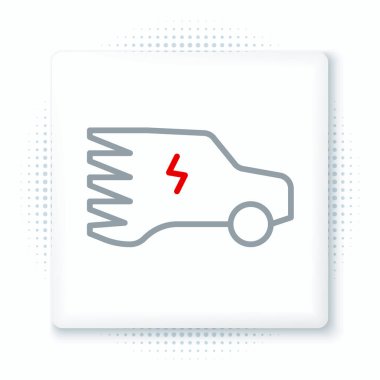 Elektrik hattı arabası ve elektrik kablosu şarj ikonu beyaz arka planda izole edildi. Yenilenebilir ekolojik teknolojiler. Renkli taslak konsepti. Vektör.