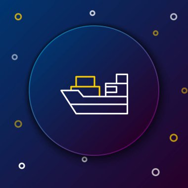 Mavi arka planda kutucuk servis simgesine sahip çizgi kargo gemisi. Teslimat, ulaşım. Paketleri, kutuları, malları olan bir şilep. Renkli taslak konsepti. Vektör.