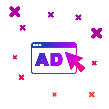 Beyaz arkaplanda izole edilmiş renk reklam simgesi. Pazarlama ve tanıtım süreci kavramı. İlgili reklamlar. Sosyal medya reklamcılığı. Kademeli rastgele dinamik şekiller. Vektör.