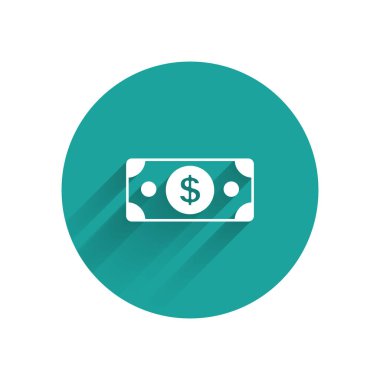 Beyaz Yığınlar kağıt para nakit ikonu uzun gölgeli arka plan izole. Para desteleri. Para birimi. Yeşil daire düğmesi. Vektör.