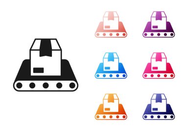 Beyaz zemin üzerinde karton kutu simgesi olan siyah taşıma bandı. Simgeleri renklendirin. Vektör.