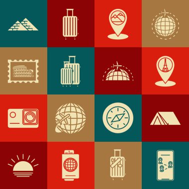Şehir haritası navigasyon bilgileri, Eiffel kulesi dağ valizi, posta pulu, Kolezyum Mısır piramitleri ve Dünya 'nın uçan uçak ikonu ile birlikte turist çadırı haritası işaretleyicisi ayarlayın. Vektör.
