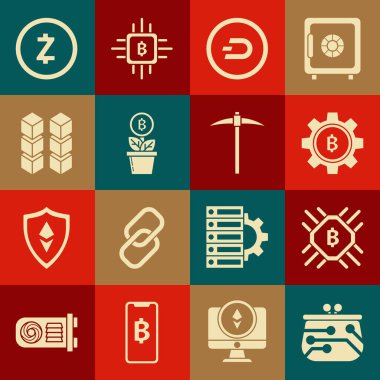 Kripto para birimi cüzdanı işlemci çiftliği parası Bitcoin Dash 'i pota Blockchain teknolojisi Zcash ZEC ve Pickaxe simgesini yerleştirmeye ayarla. Vektör.