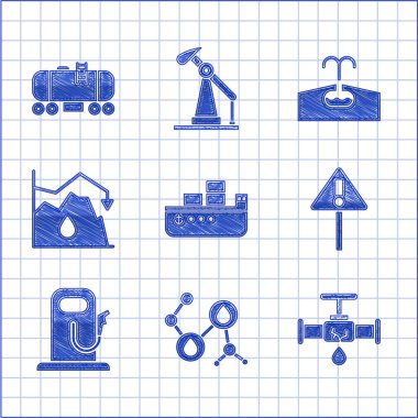 Petrol tankeri gemisi Molekül yağı sızıntılı ünlem üçgeni Petrol ya da benzin istasyonu damlası ham petrol fiyatları ve demiryolu sarnıç ikonu olan kırık boruyu ayarlayın. Vektör.