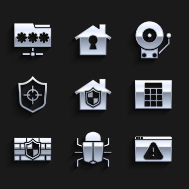 House 'u koruma sistemi hata tarayıcısı altında ünlem işareti olan Parola Kalkanı tuğla duvar alarm zili ve Dizin şifre simgesi ile ayarla. Vektör.