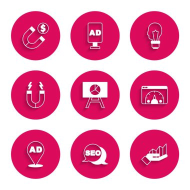 Grafik grafiği optimizasyonu SEO Pie bilgi sitesi istatistiksel Reklam Ampülü Fikir ve Para Simgesi kavramına sahip tahtayı ayarla. Vektör.