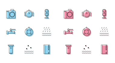 Flashlight Cold hattını ayarlayın ve dalgıç Sualtı kamerası için fotoğraf makinesi sallayın. Lifebuoy Rain Endüstrisi Metalik Borular ve Dalış Saat simgesi. Vektör.