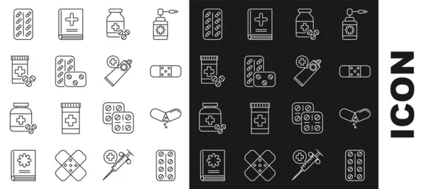 Set Line Pastillas Blíster Píldora Tableta Medicina Vendaje Frasco Yeso — Vector de stock