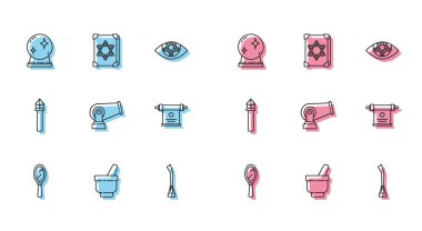 Sihirli el aynası havan topu topu büyücüler süpürge topu parşömen asası ve Kadim büyü kitabı ikonu. Vektör.