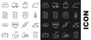Fıçı yağı, metal borular ve yakıt deposu, motorlu yedek tekerlek ve tanker ikonu için yangın tüplü petrol platformu ayarlayın. Vektör.