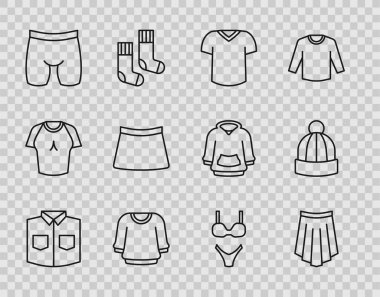 Tişört tişörtü, kazak, bisiklet şortu mayo ve kış şapkası ikonu. Vektör.