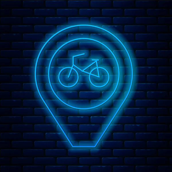 Glowing Neon Line Map Pointer Bicycle Icon Isolated Brick Wall — Stock Vector