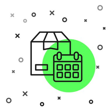 Siyah çizgi karton kutu ve hızlı dağıtım ikonu beyaz arka planda izole edildi. Kutu, paket, paket işareti. Teslimat ve ambalaj. Vektör.