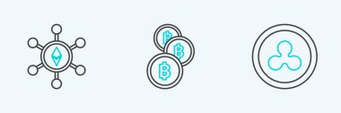 Şifreleme madeni para dalgalanması XRP engelleme teknolojisi Ethereum ETH ve Bitcoin simgesini ayarla. Vektör.