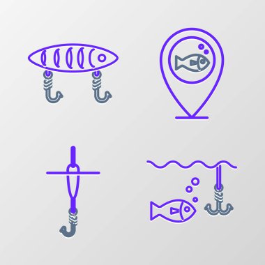 Olta oltasını balıkla suya daldırın ve yüzen konum balıkçılık ve yem ikonu ile. Vektör.