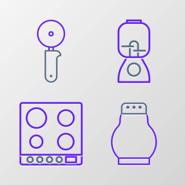 Tuz ve biber gazı fırını karıştırıcısı ve pizza bıçağı ikonu. Vektör.