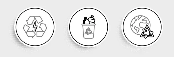 Встановіть Рядок Планета Земля Акумулятор Переробки Символом Переробки Значком Кошика — стоковий вектор