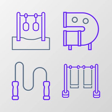 Çift salıncak, ip atlama, çocuk oyun alanı kaydırak borusu ve jimnastik yüzük ikonu ayarlayın. Vektör.