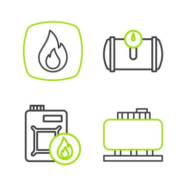 Yağ depolama tüpünü motor yağı benzini aracı ve yangın alevi ikonu için ayarla. Vektör.