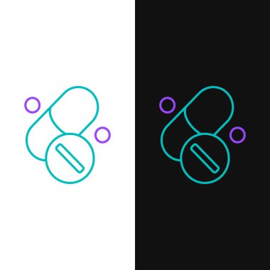 Beyaz ve siyah zemin üzerinde izole edilmiş hap kapsülü ikonu çizgi vitamin kompleksi. Sağlıklı bir yaşam tarzı. Renkli taslak konsepti. Vektör.