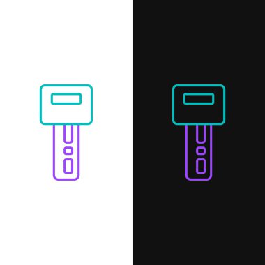 Uzaktan kumandalı çizgi araba anahtarı beyaz ve siyah arkaplanda izole edilmiş. Araba anahtarı ve alarm sistemi. Renkli taslak konsepti. Vektör.