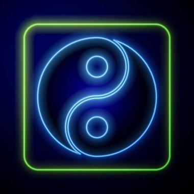 Parlayan neon rengi Yin Yang sembolü ahenk ve denge ikonu mavi arka planda izole edildi. Vektör.