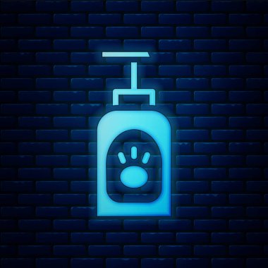 Duvarda izole edilmiş parlak neon evcil hayvan şampuanı ikonu. Evcil hayvan bakım işareti. Köpek temizleme sembolü. Vektör.