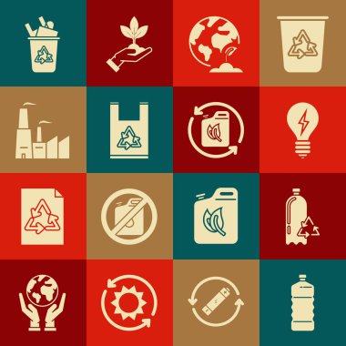 Plastik şişe geri dönüşüm ampulünü şimşek sembolü Dünya küresi ve bitki torbası fabrika geri dönüşüm kutusu ve Biyolojik yakıt kutusu ikonu ile ayarla. Vektör.