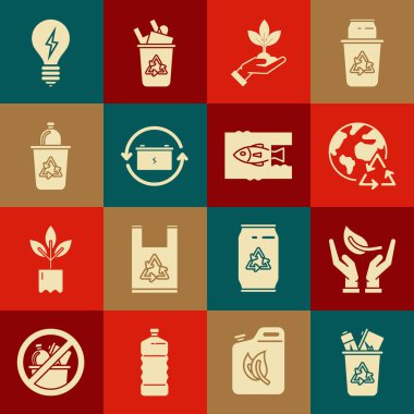 Geri dönüşüm kutusunu Çevre Koruma Gezegeni Yeryüzü geri dönüşüm Bataryası Ampul Işığı Yıldırımı ve Okyanus Plastik Kirliliği Simgesini Geri Dönüşüm sembolü ile ayarla. Vektör.