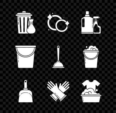 Çöp tenekesini ve çöp torbasını sıvı bulaşık deterjanı plastik şişeleri için hazırla. Dustpan Rubber eldiven leğeni, sabun köpüğü kovası ve tuvalet pompası ikonu. Vektör.