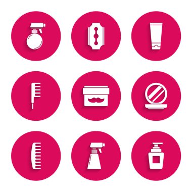 Krem ya da losyon kozmetik kavanozunu hazırla kuaför tabancası sprey şişesi şampuan tozu aynalı saç fırçası tüpü ve ikon. Vektör.